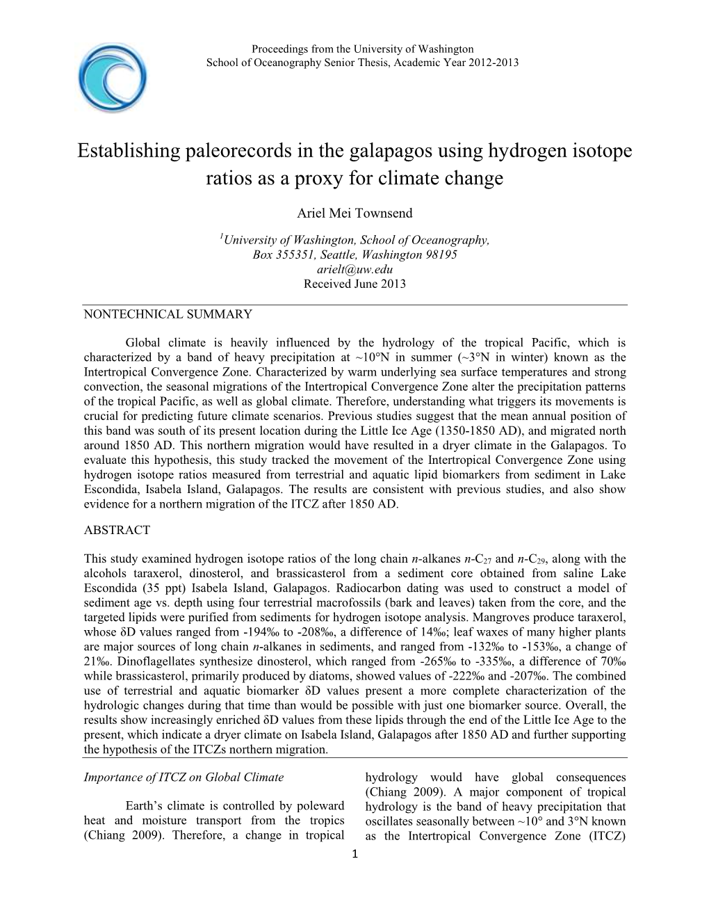 Establishing Paleorecords in the Galapagos Using Hydrogen Isotope Ratios As a Proxy for Climate Change