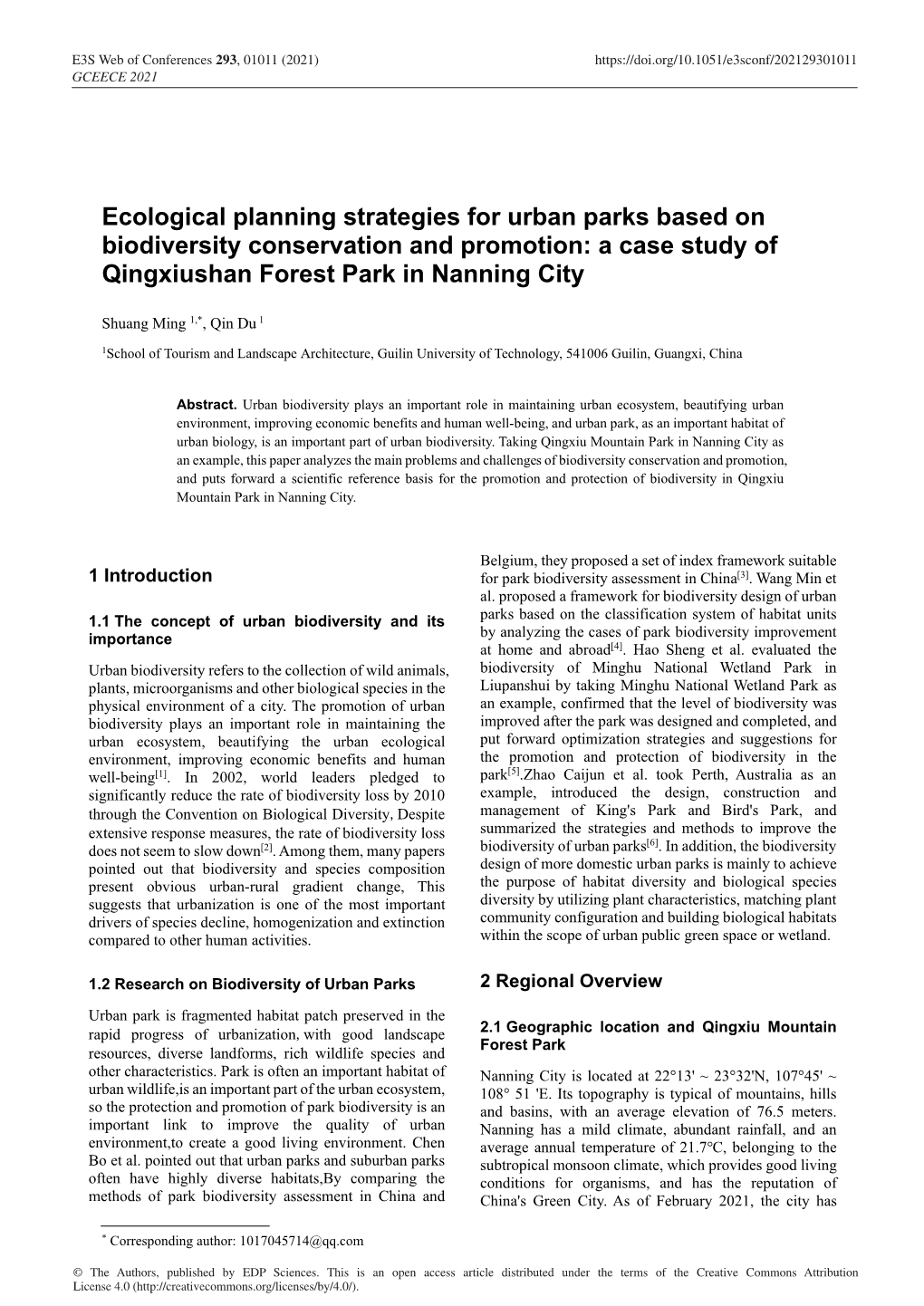 Ecological Planning Strategies for Urban Parks Based on Biodiversity Conservation and Promotion: a Case Study of Qingxiushan Forest Park in Nanning City