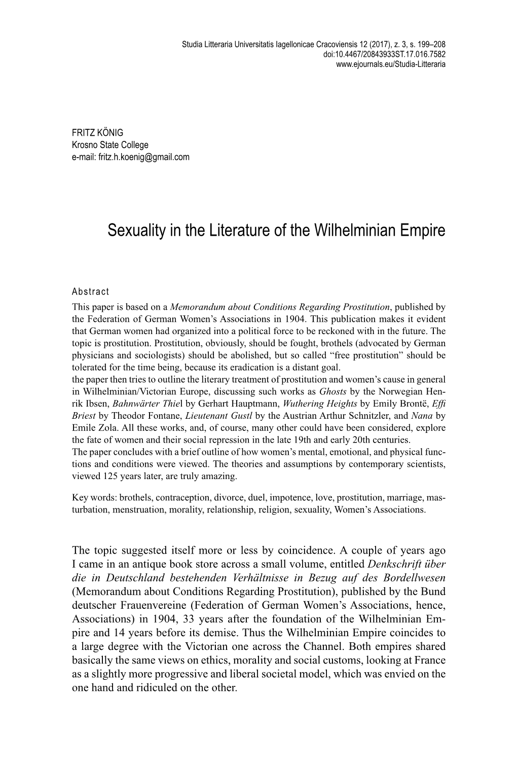 Sexuality in the Literature of the Wilhelminian Empire