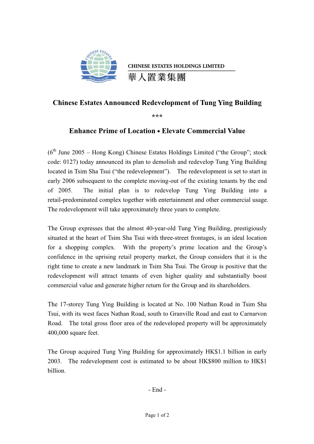 Chinese Estates Announced Redevelopment of Tung Ying Building *** Enhance Prime of Location˙Elevate Commercial Value