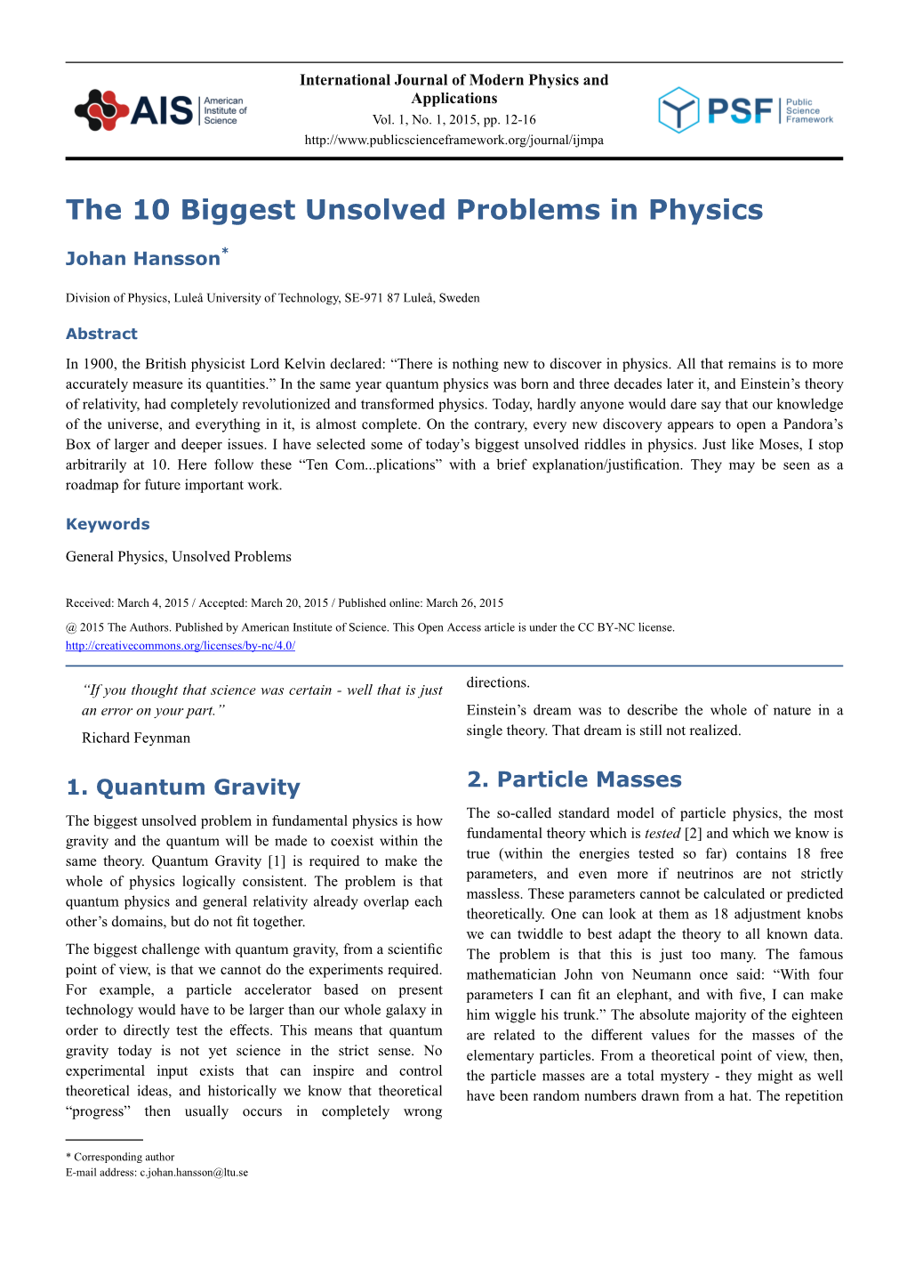 The 10 Biggest Unsolved Problems in Physics