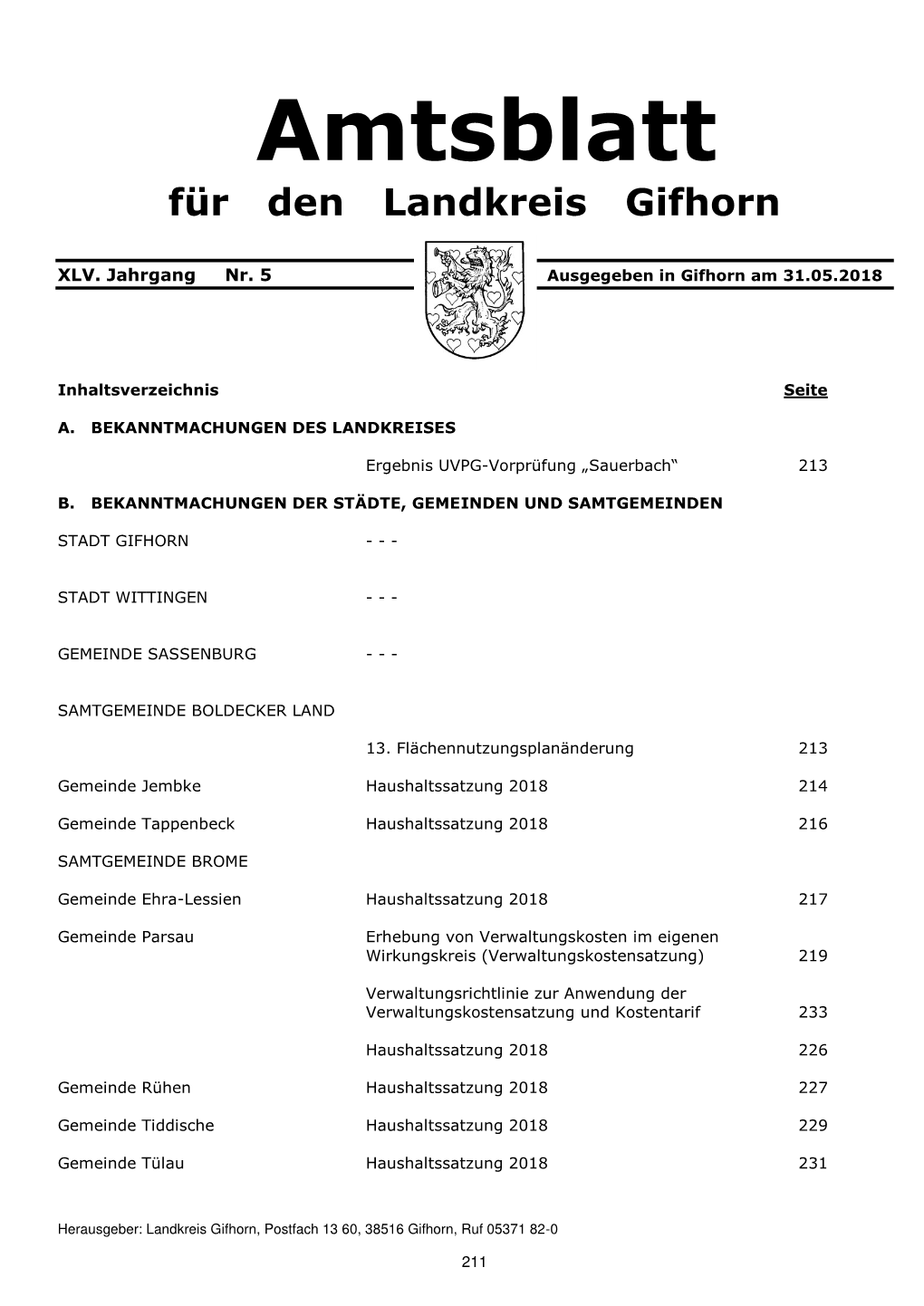 Amtsblatt Für Den Landkreis Gifhorn