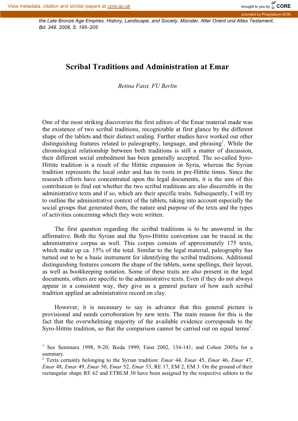 Scribal Traditions and Administration at Emar