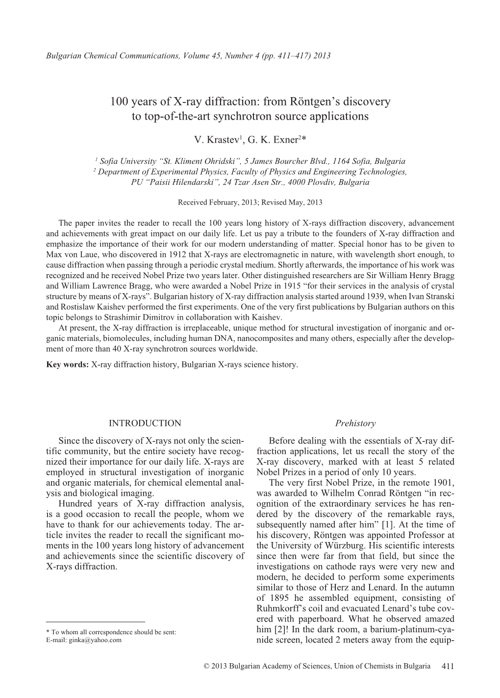 V. Krastev, G. K. Exner, 100 Years of X-Ray Diffraction