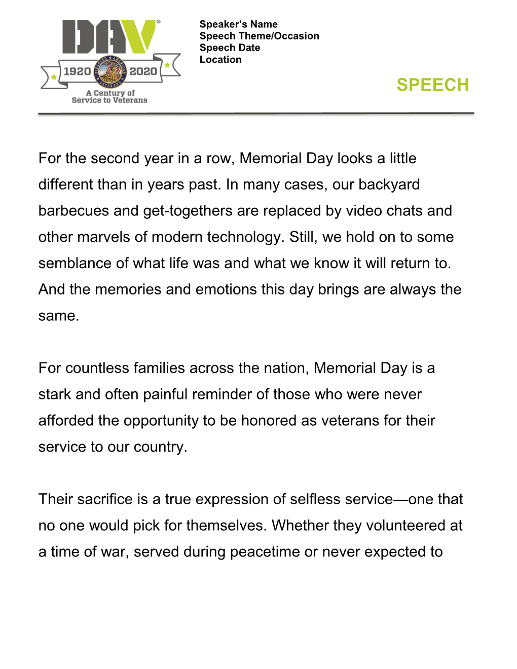 2021 Memorial Day Speech