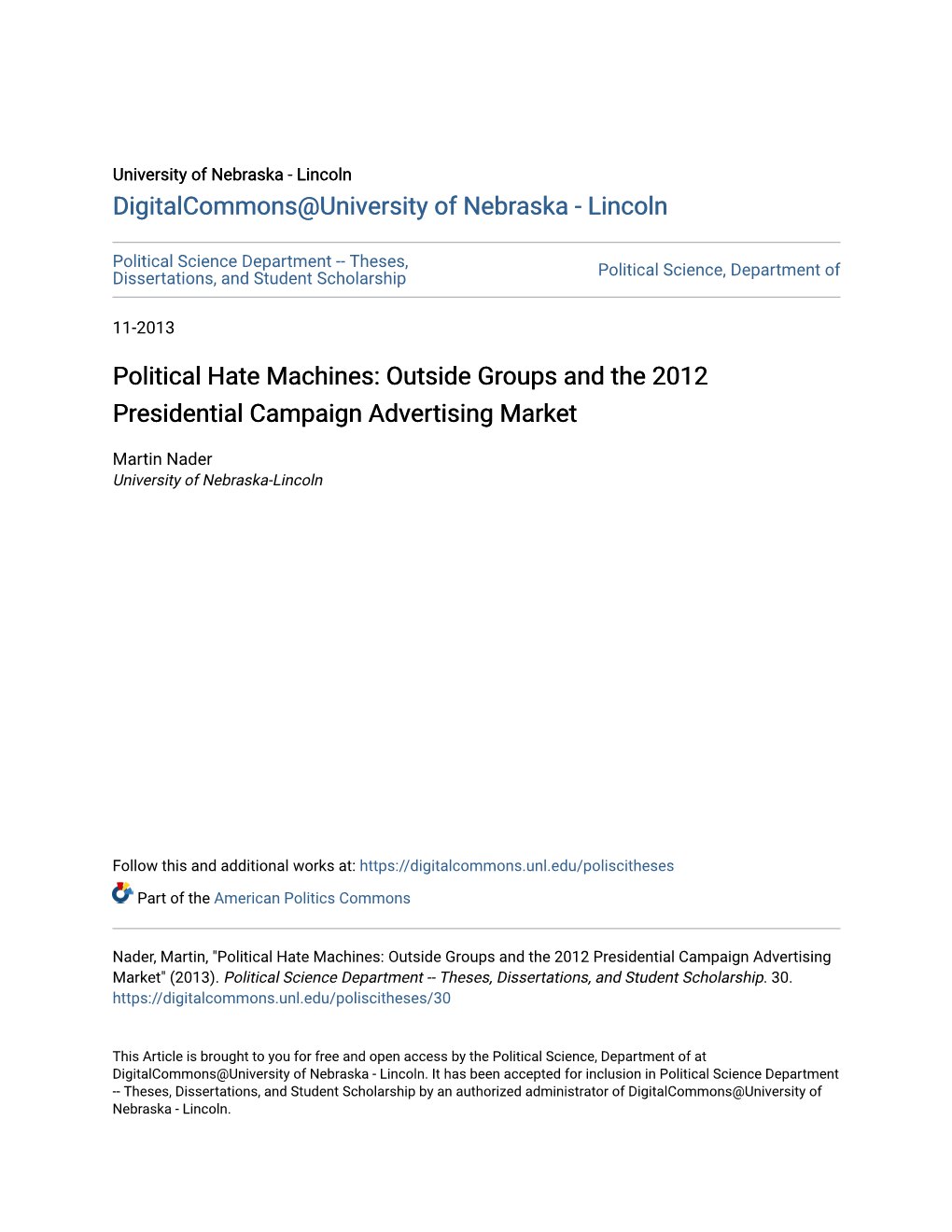 Political Hate Machines: Outside Groups and the 2012 Presidential Campaign Advertising Market