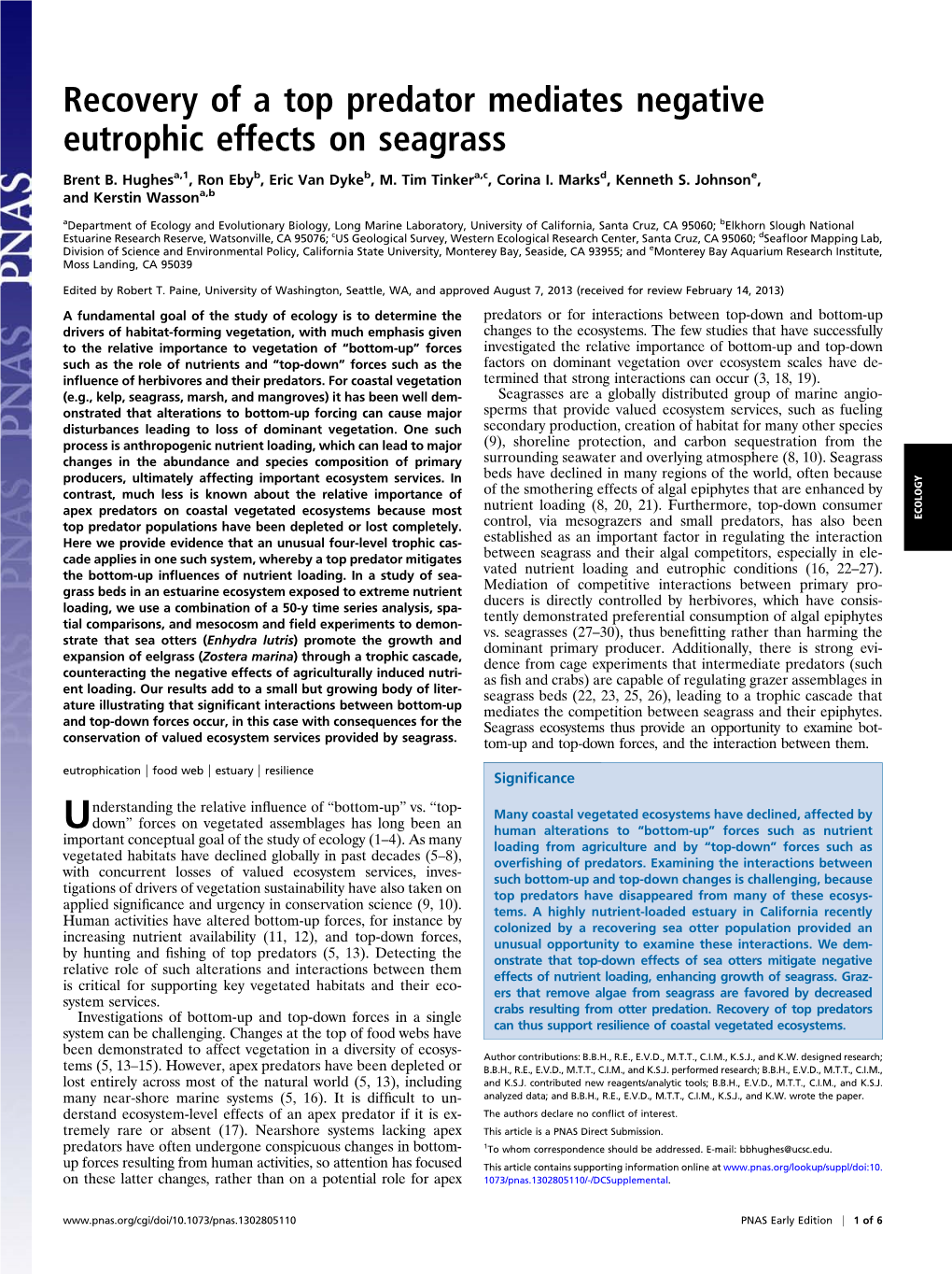 Recovery of a Top Predator Mediates Negative Eutrophic Effects on Seagrass