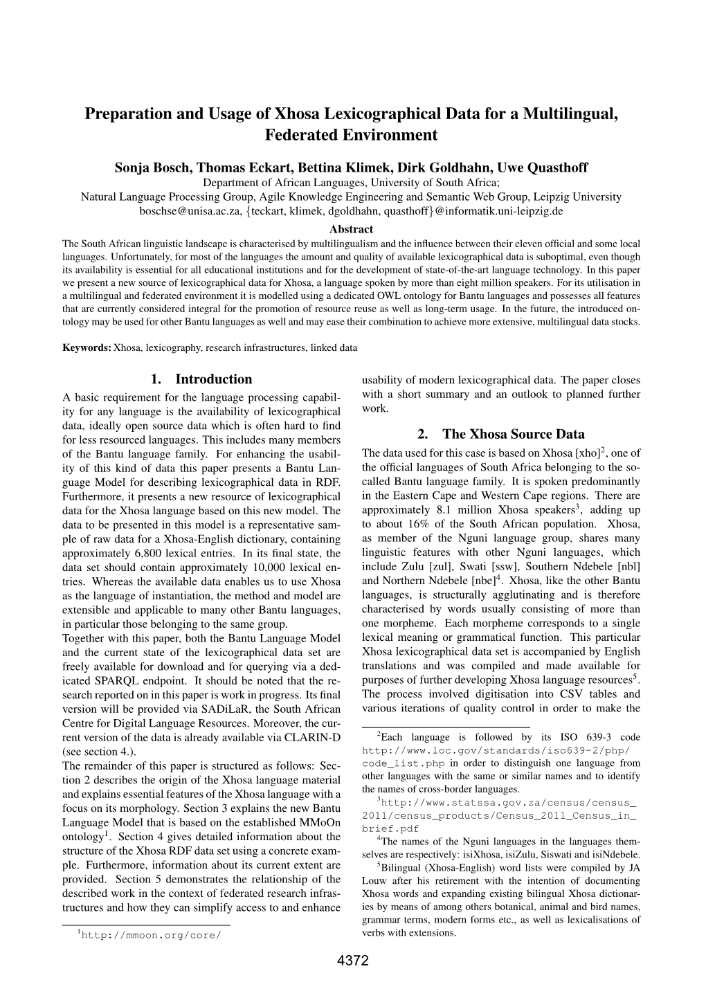 Preparation and Usage of Xhosa Lexicographical Data for a Multilingual, Federated Environment