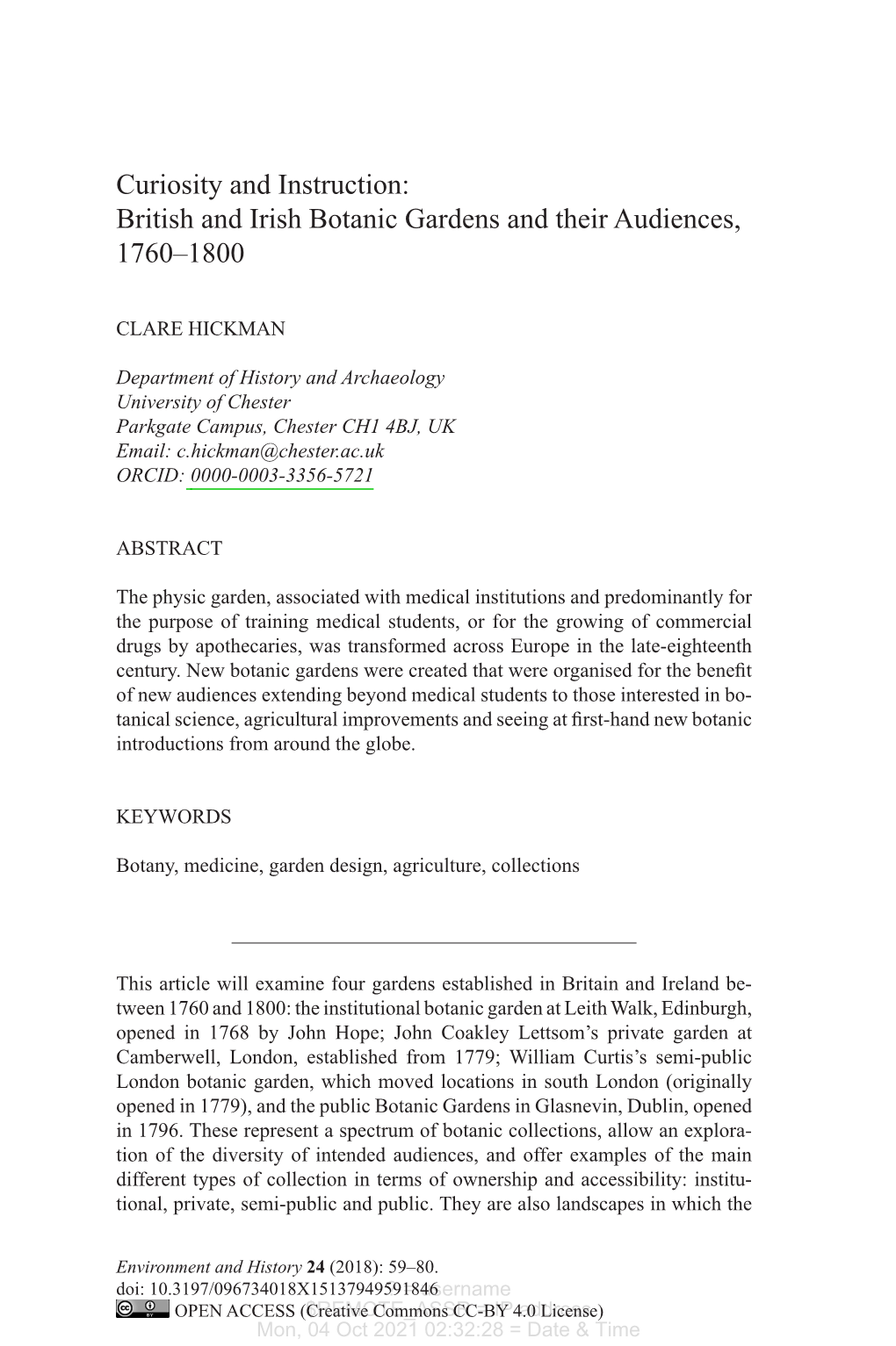 British and Irish Botanic Gardens and Their Audiences, 1760-1800