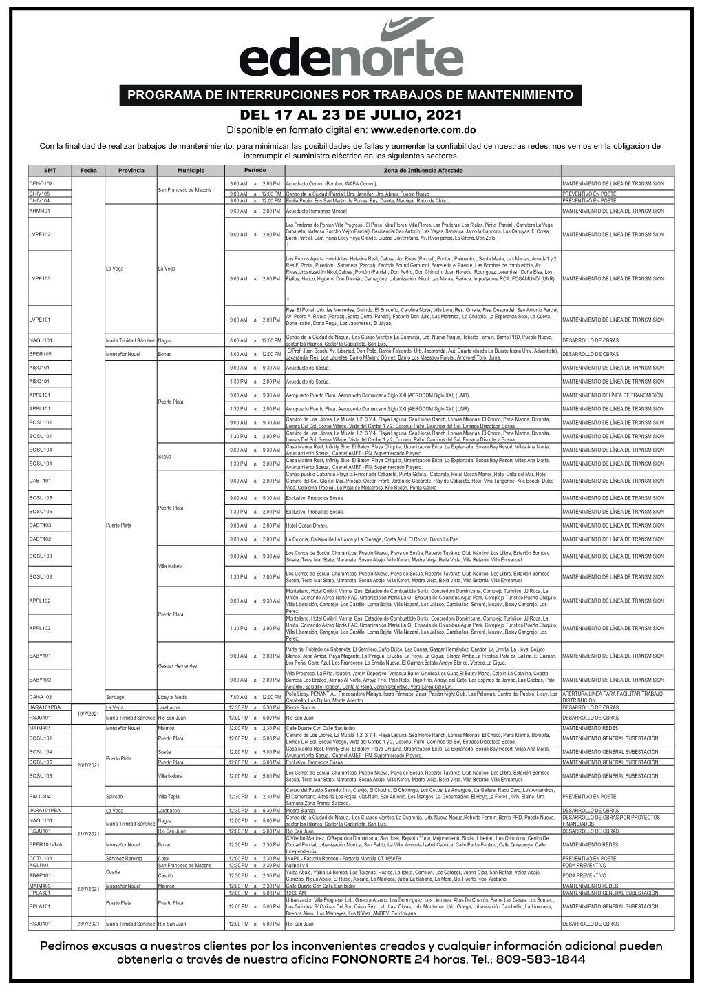 Avisos De Mantenimiento Del 17 Al 23 De Julio 2021