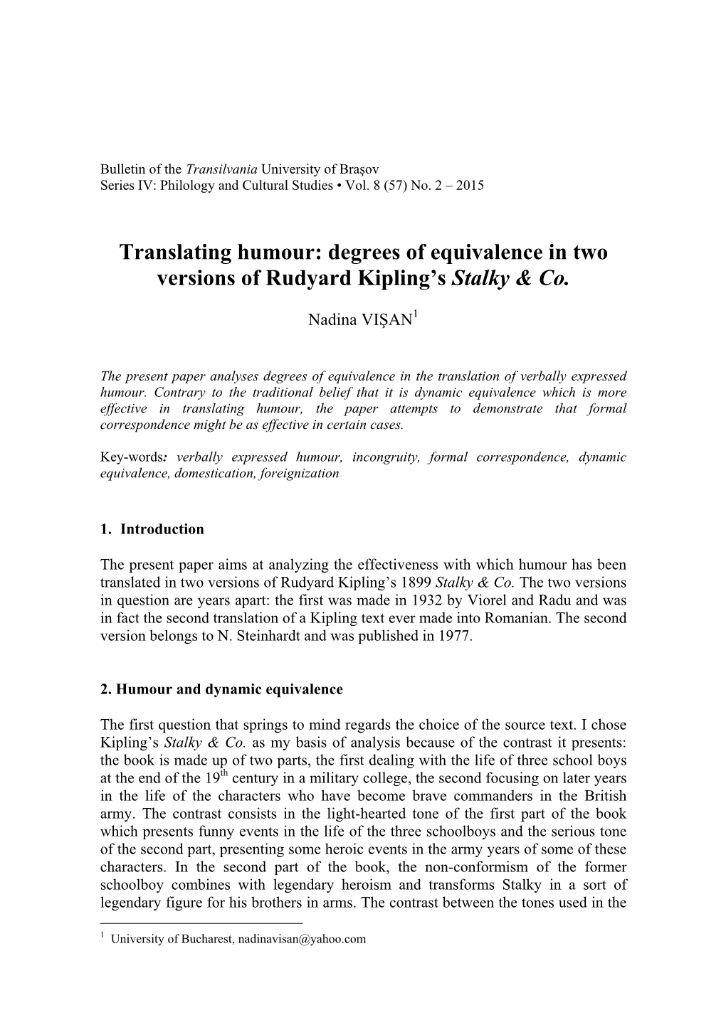 Translating Humour: Degrees of Equivalence in Two Versions of Rudyard Kipling’S Stalky & Co