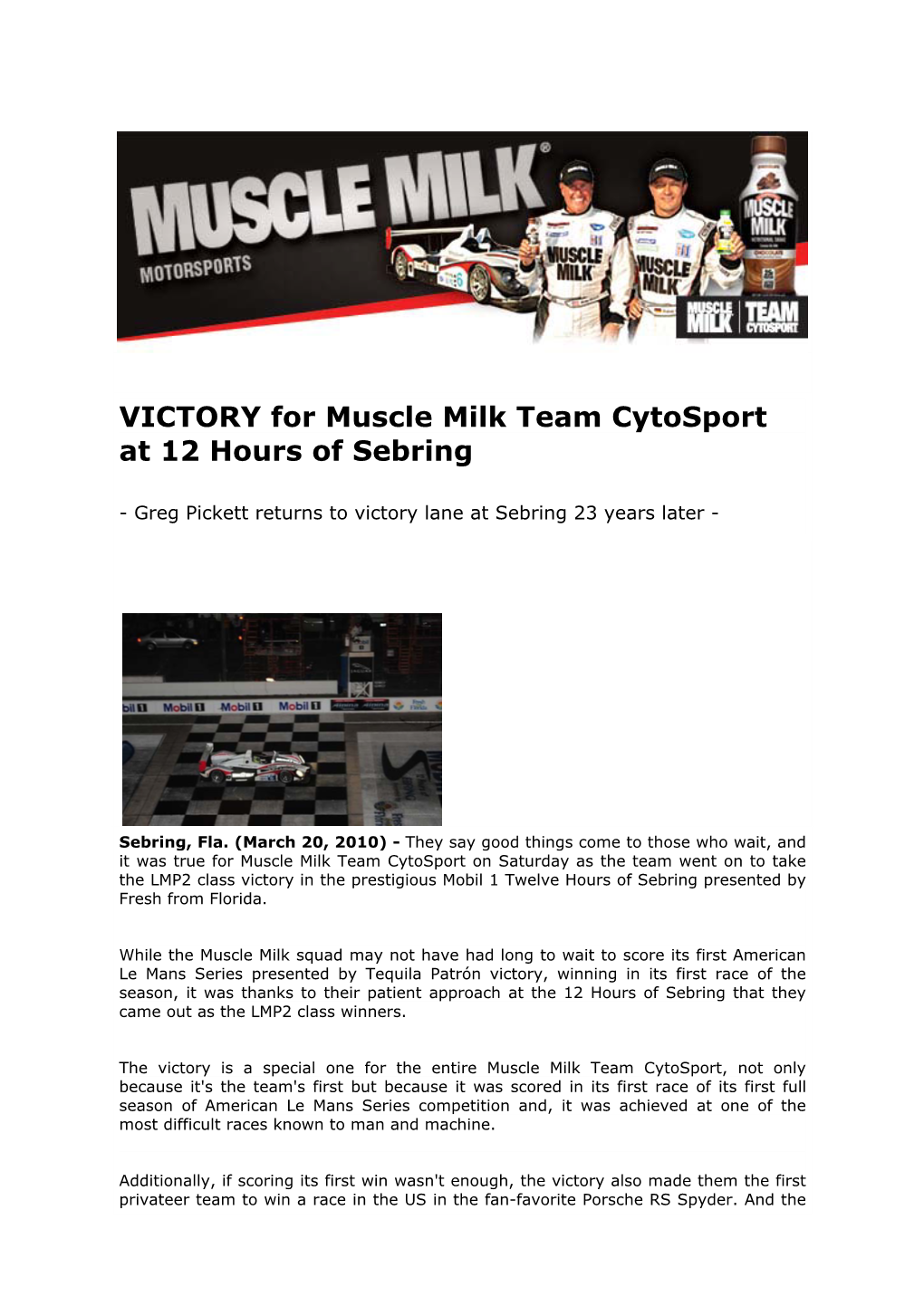 VICTORY for Muscle Milk Team Cytosport at 12 Hours of Sebring