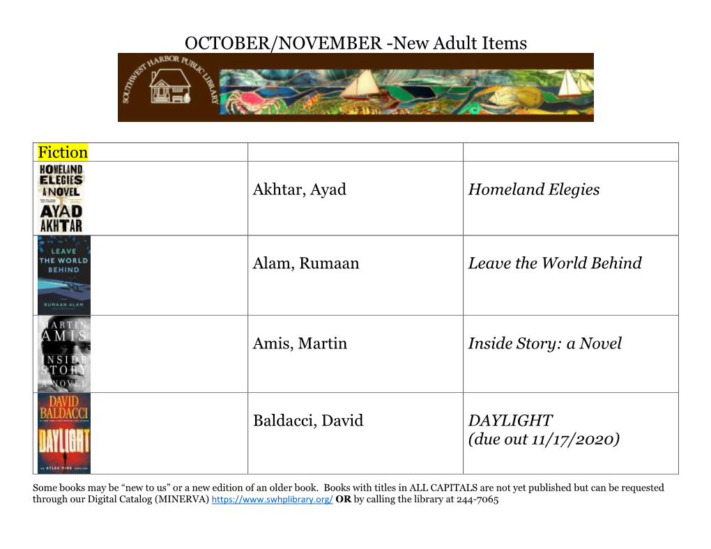 OCTOBER/NOVEMBER -New Adult Items