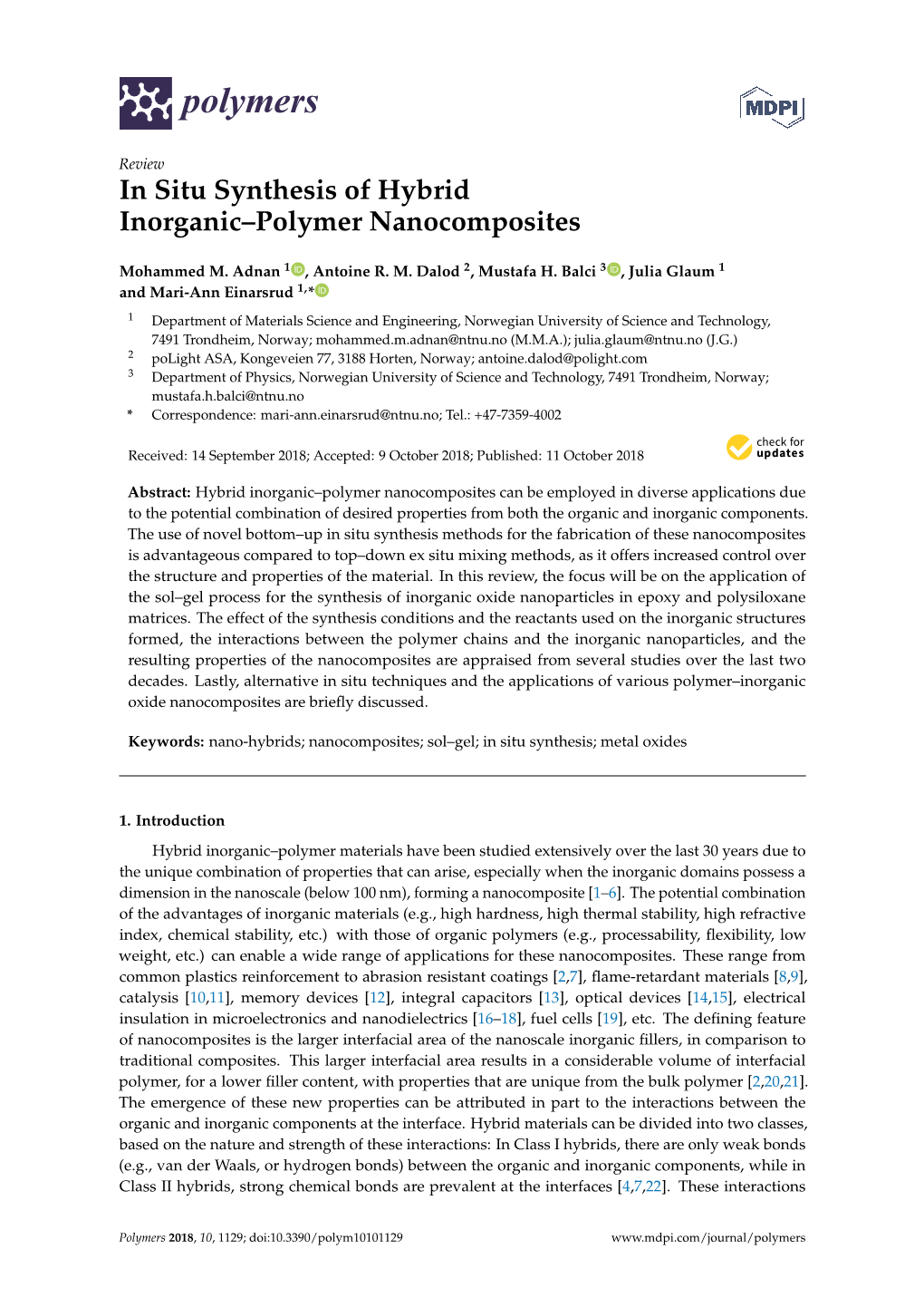 In Situ Synthesis of Hybrid Inorganic–Polymer Nanocomposites