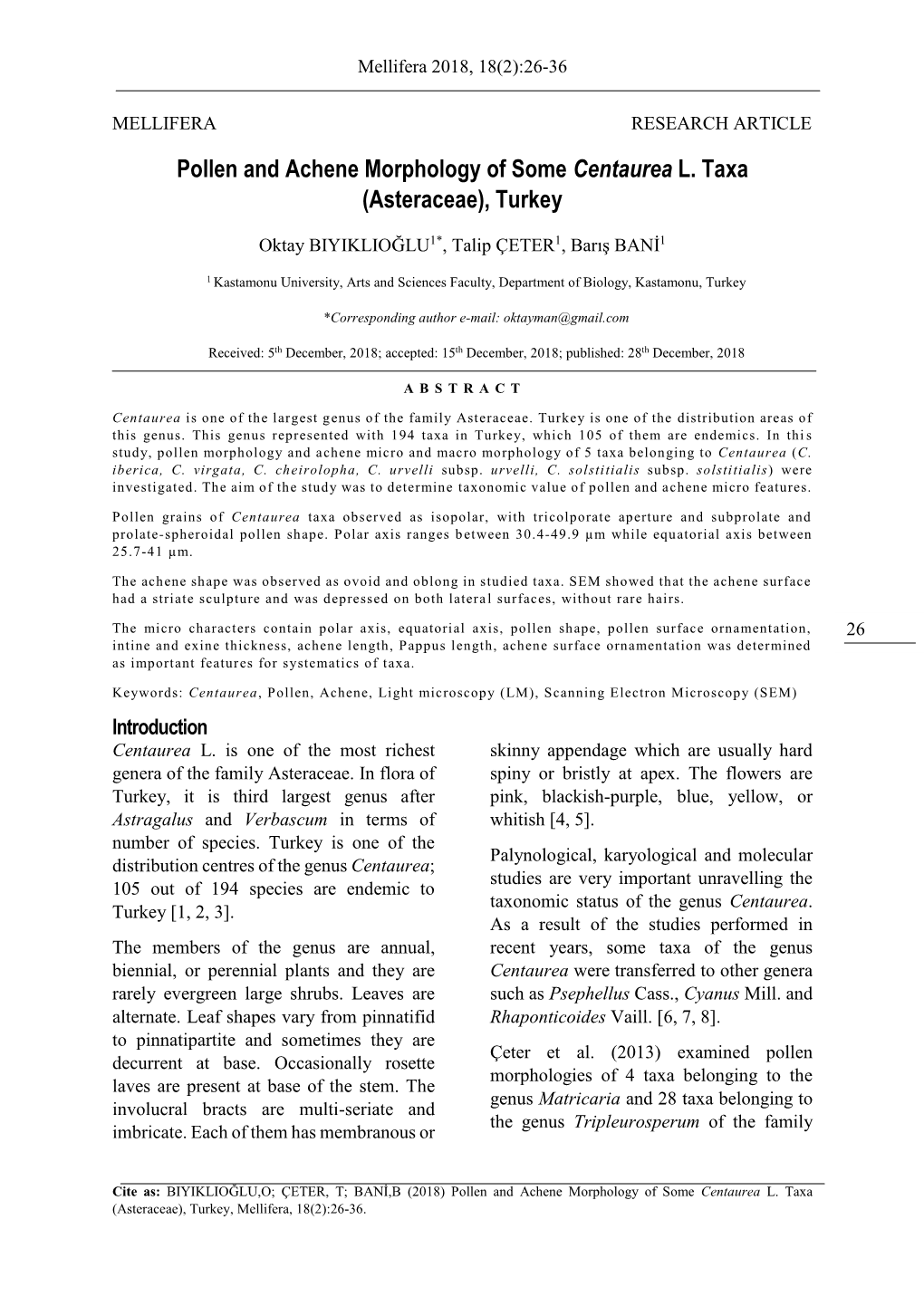 Pollen and Achene Morphology of Some Centaurea L. Taxa (Asteraceae), Turkey