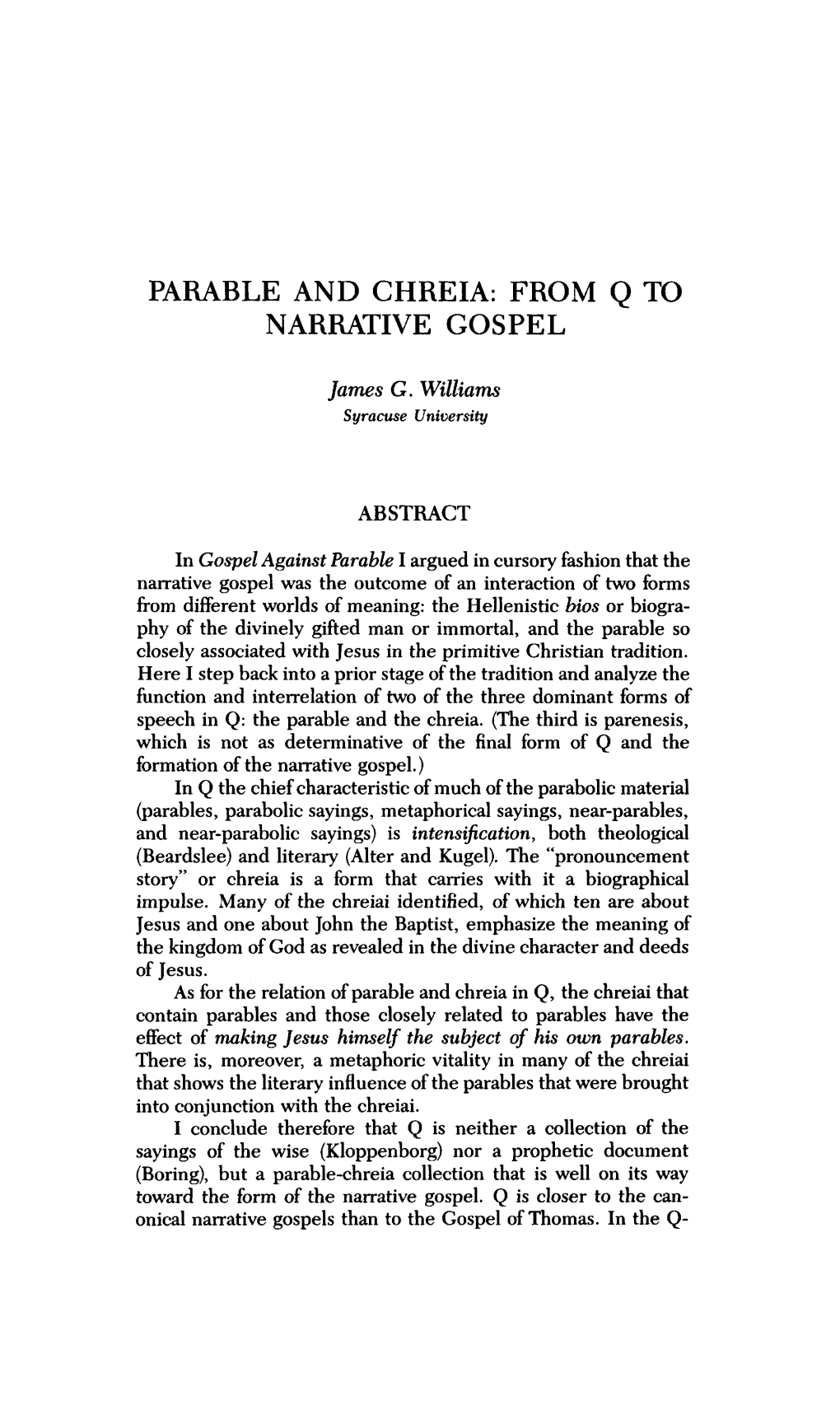 Parable and Chreia: from Q to Narrative Gospel