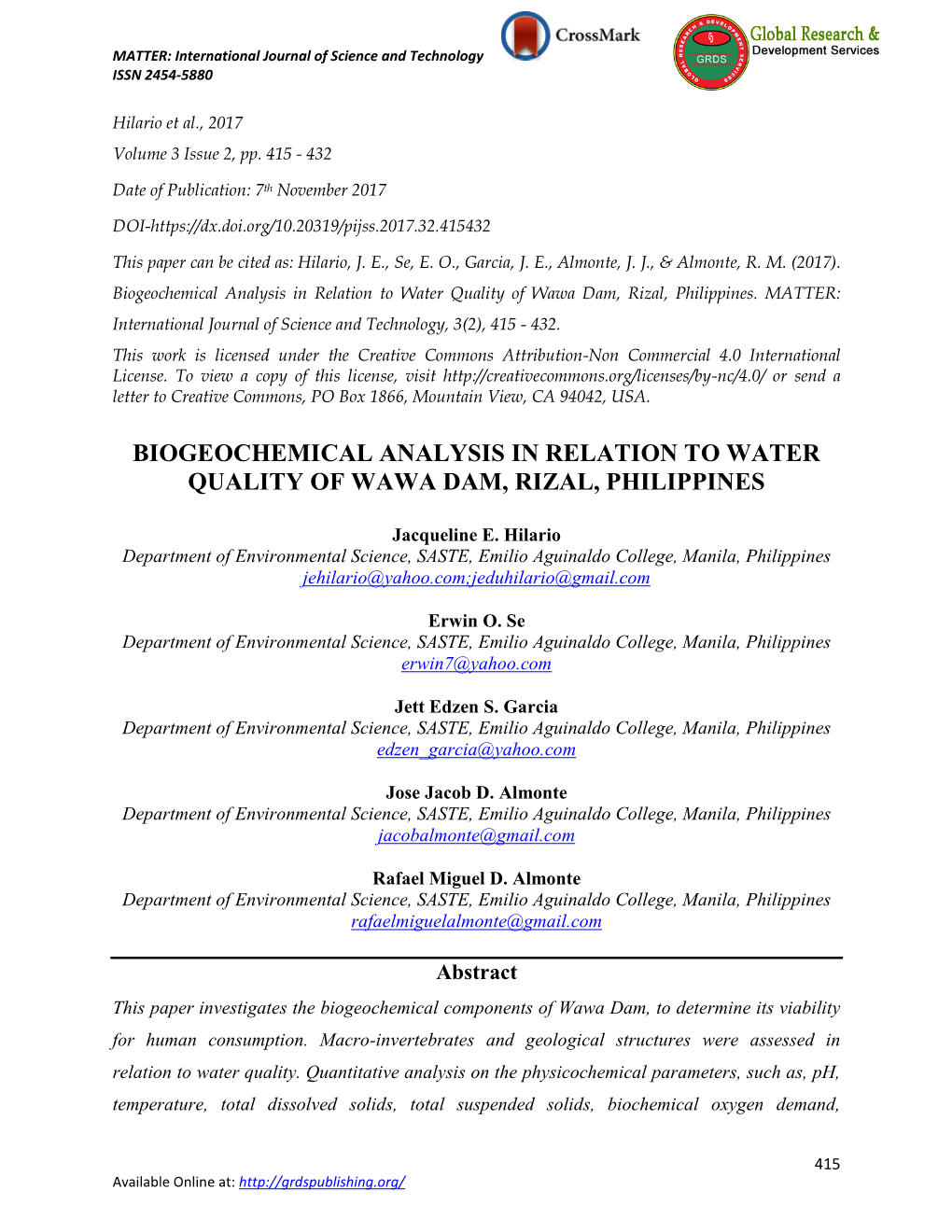 Biogeochemical Analysis in Relation to Water Quality of Wawa Dam, Rizal, Philippines