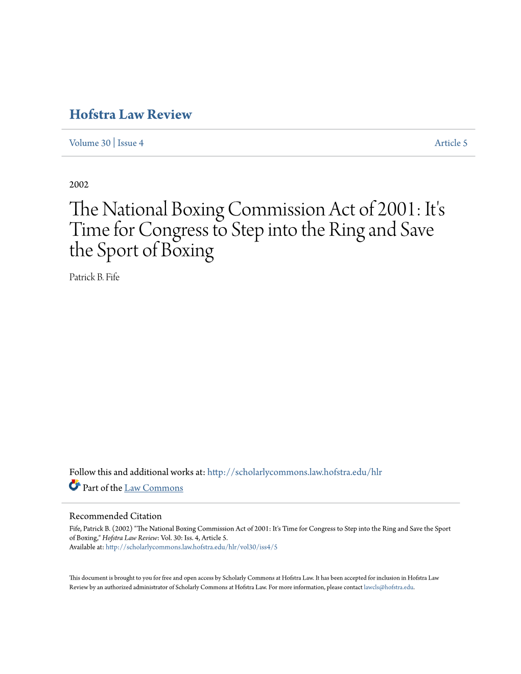 The National Boxing Commission Act of 2001: It's Time for Congres