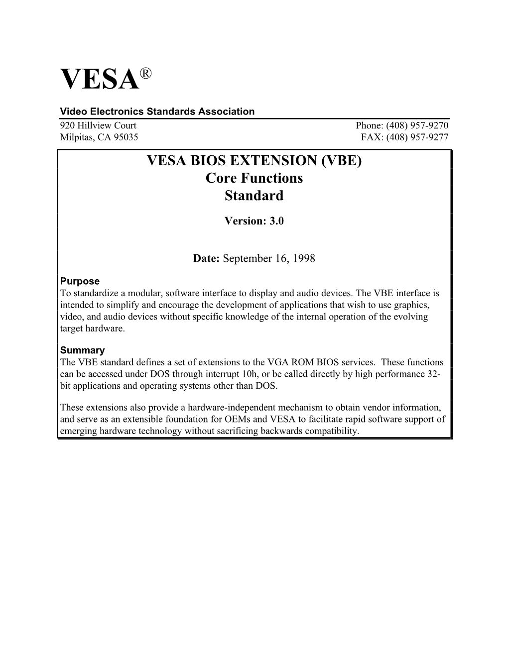 VESA BIOS EXTENSION (VBE) Core Functions Standard