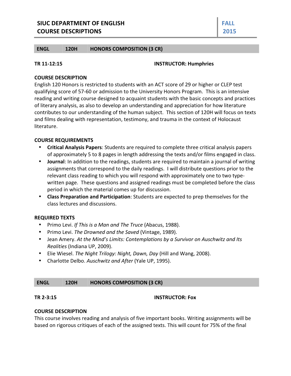 Course Descriptions, English, Fall 2015