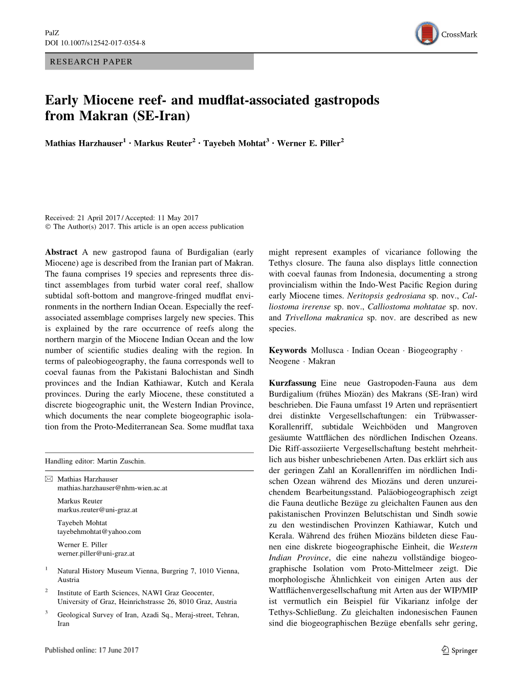 Early Miocene Reef- and Mudflat-Associated Gastropods From