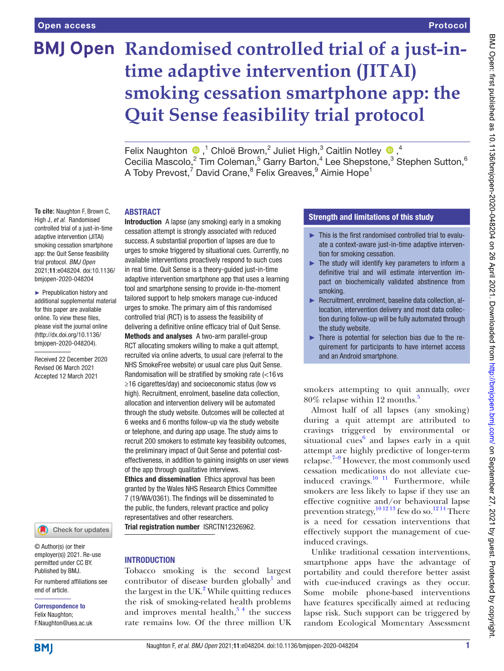 (JITAI) Smoking Cessation Smartphone App: the Quit Sense Feasibility Trial Protocol