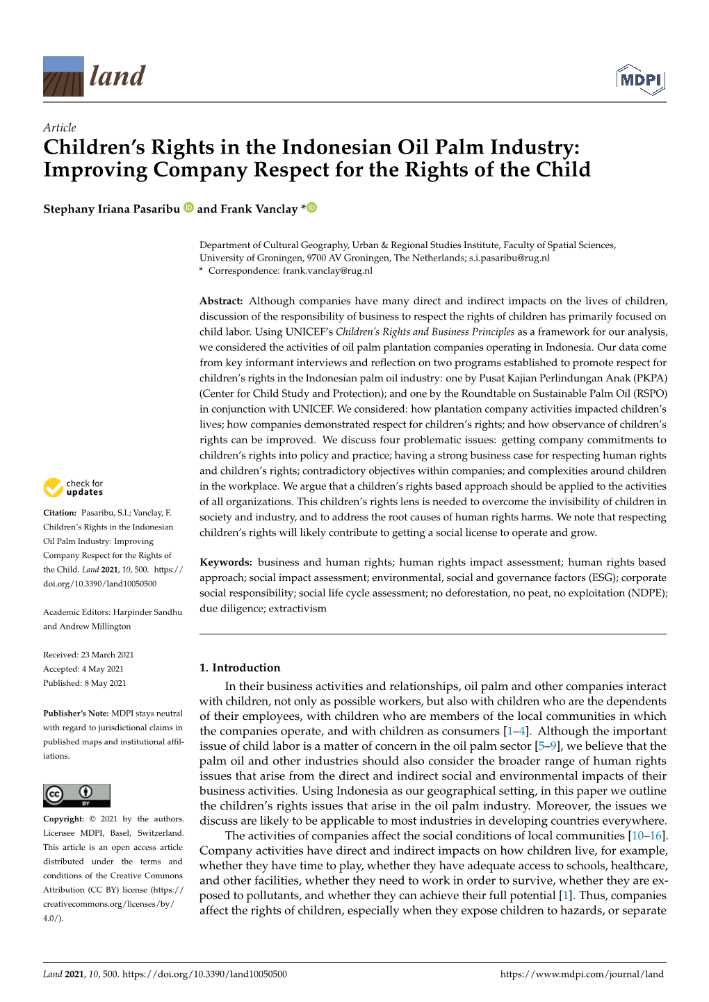 Children's Rights in the Indonesian Oil Palm Industry: Improving Company