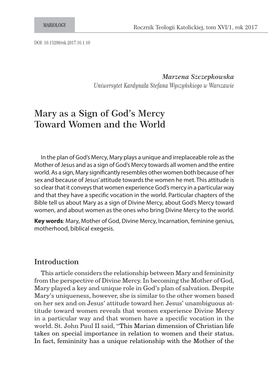 Mary As a Sign of God's Mercy Toward Women and the World