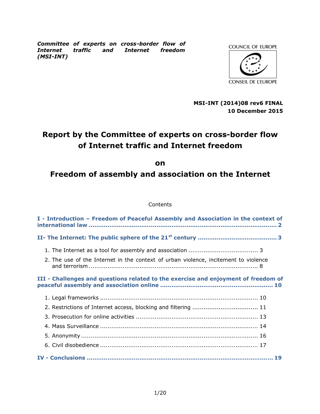 Report by the Committee of Experts on Cross-Border Flow of Internet Traffic and Internet Freedom on Freedom of Assembly and Asso