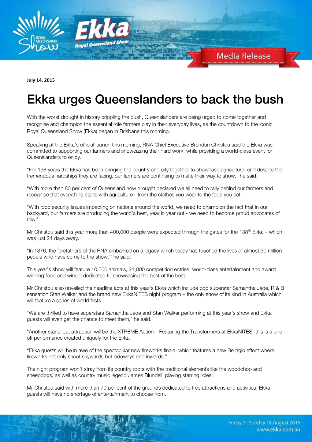 Ekka Urges Queenslanders to Back the Bush