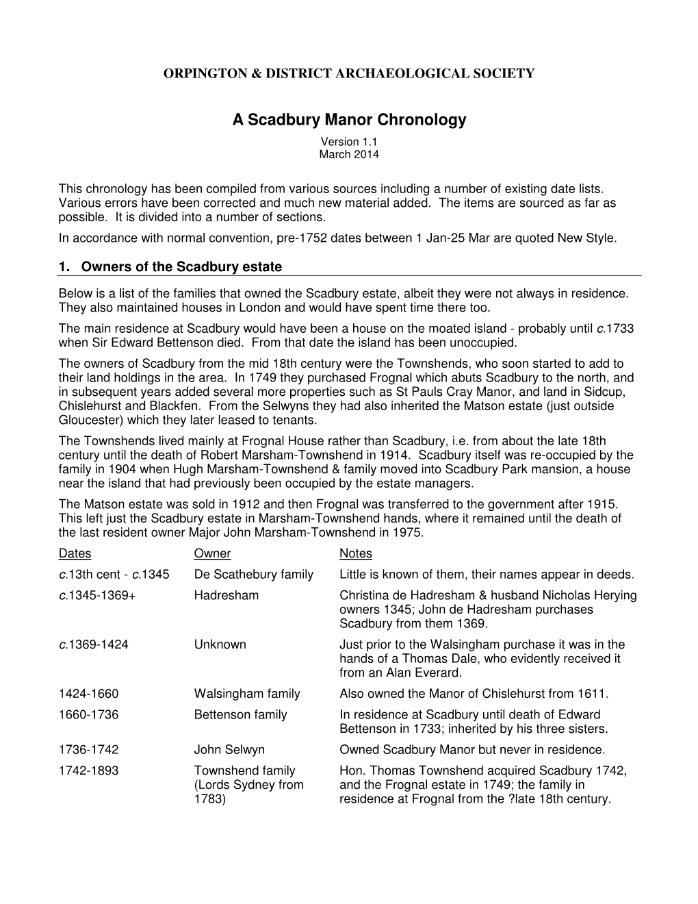 A Scadbury Manor Chronology Version 1.1 March 2014