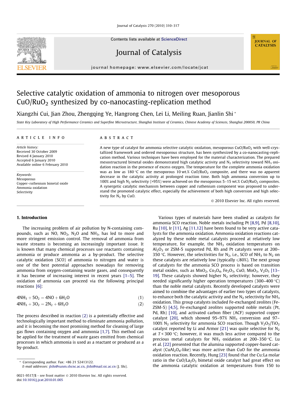 Selective Catalytic Oxidation of Ammonia to Nitrogen Over Mesoporous Cuo/Ruo2 Synthesized by Co-Nanocasting-Replication Method