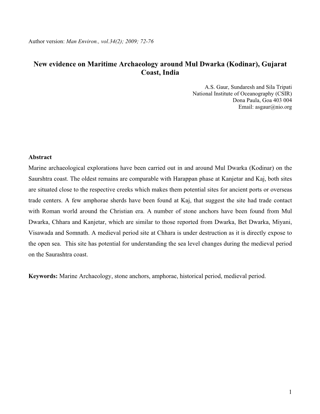 New Evidence on Maritime Archaeology Around Mul Dwarka (Kodinar), Gujarat Coast, India