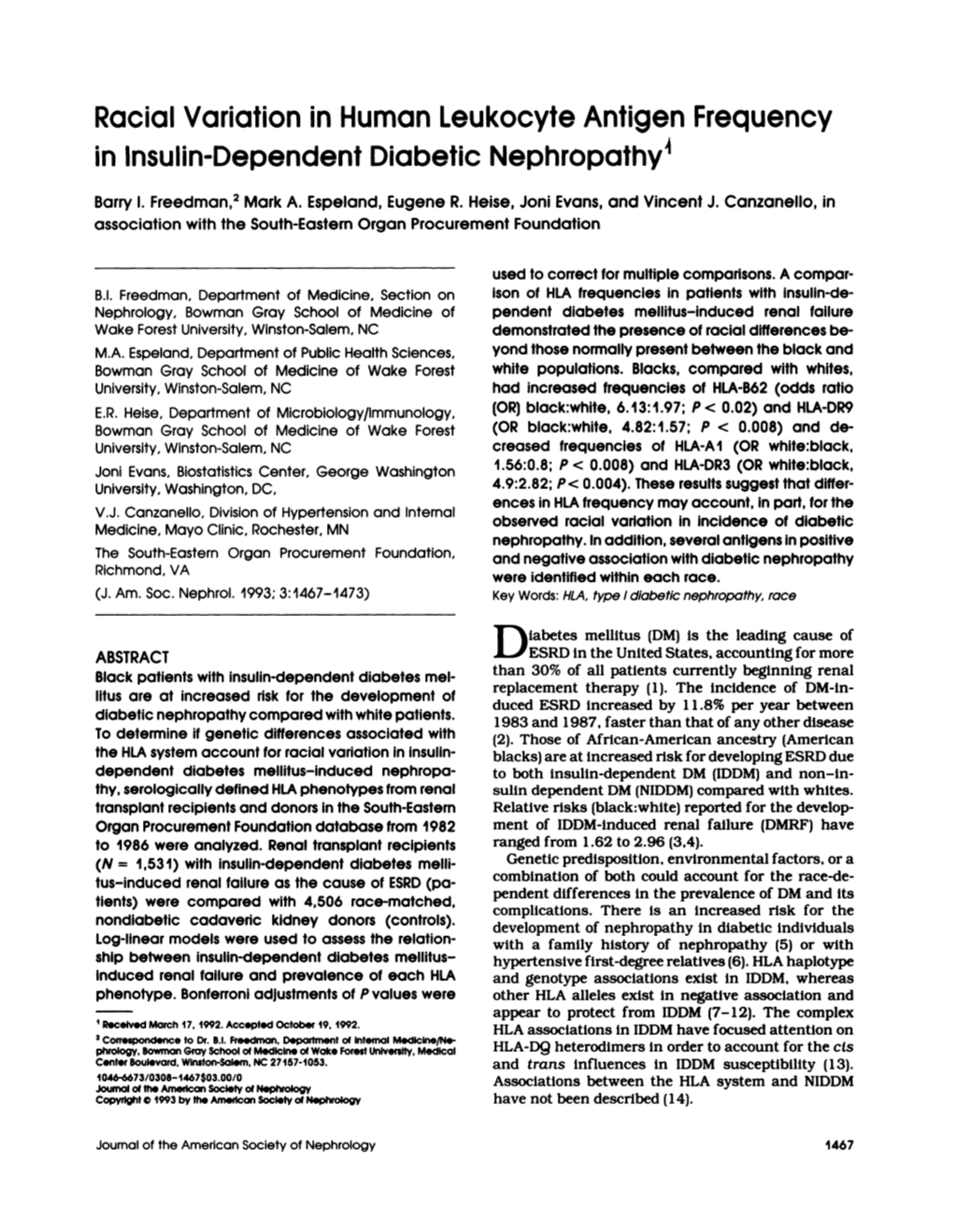 Racial Variation in Human Leukocyte Antigen Frequency in Insulin-Dependent Diabetic Nephropathy1