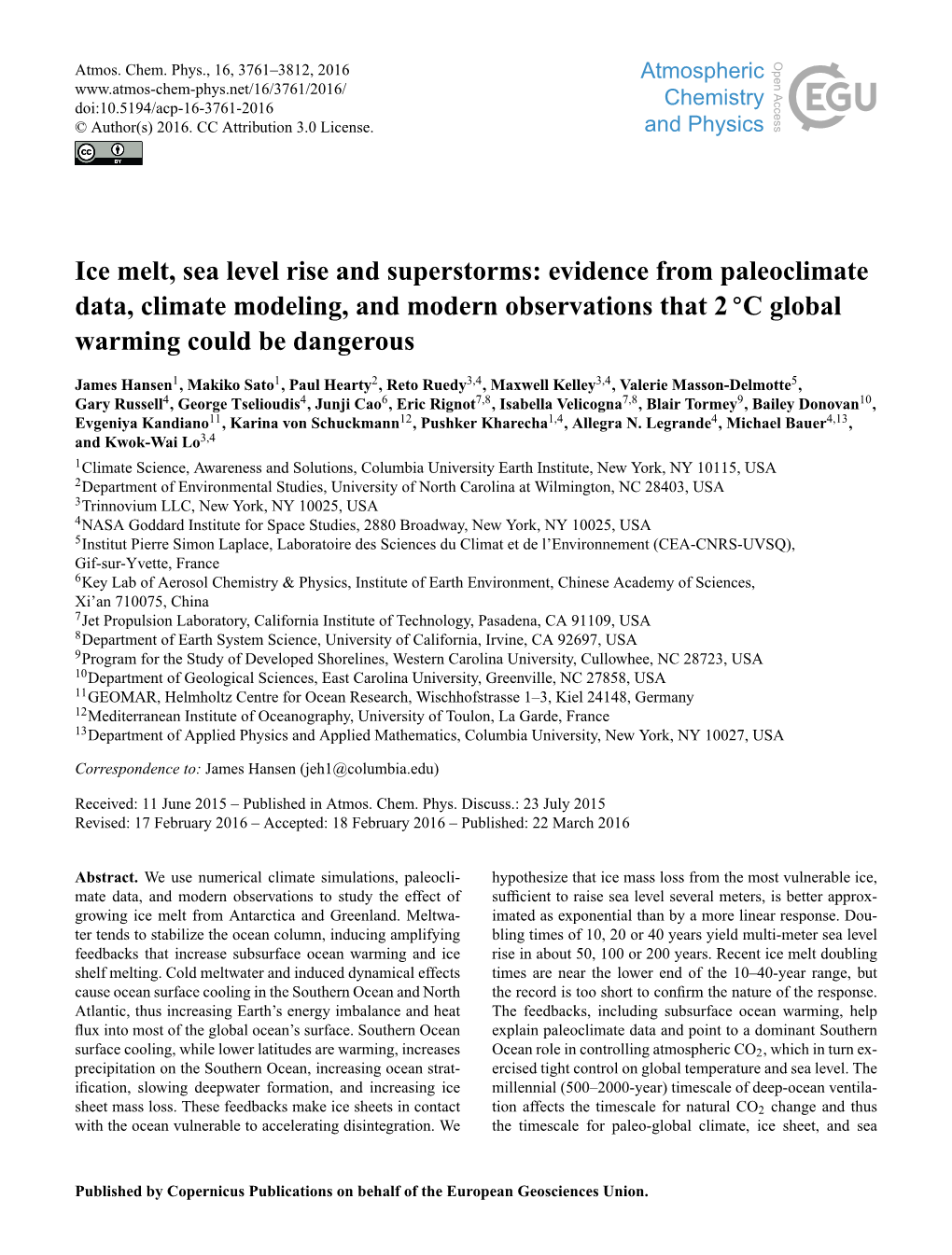 J. Hansen Et Al.: Ice Melt, Sea Level Rise and Superstorms