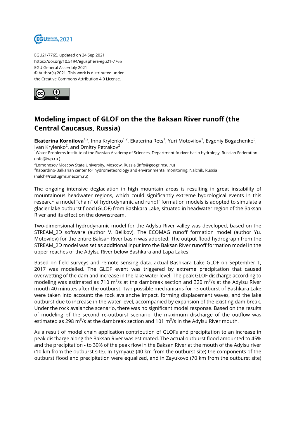 Modeling Impact of GLOF on the the Baksan River Runoff (The Central Caucasus, Russia)