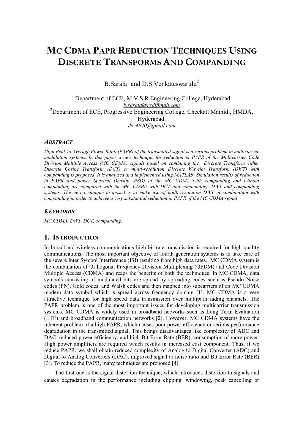 Mc Cdma Papr Reduction Techniques Using Discrete Transforms and Companding