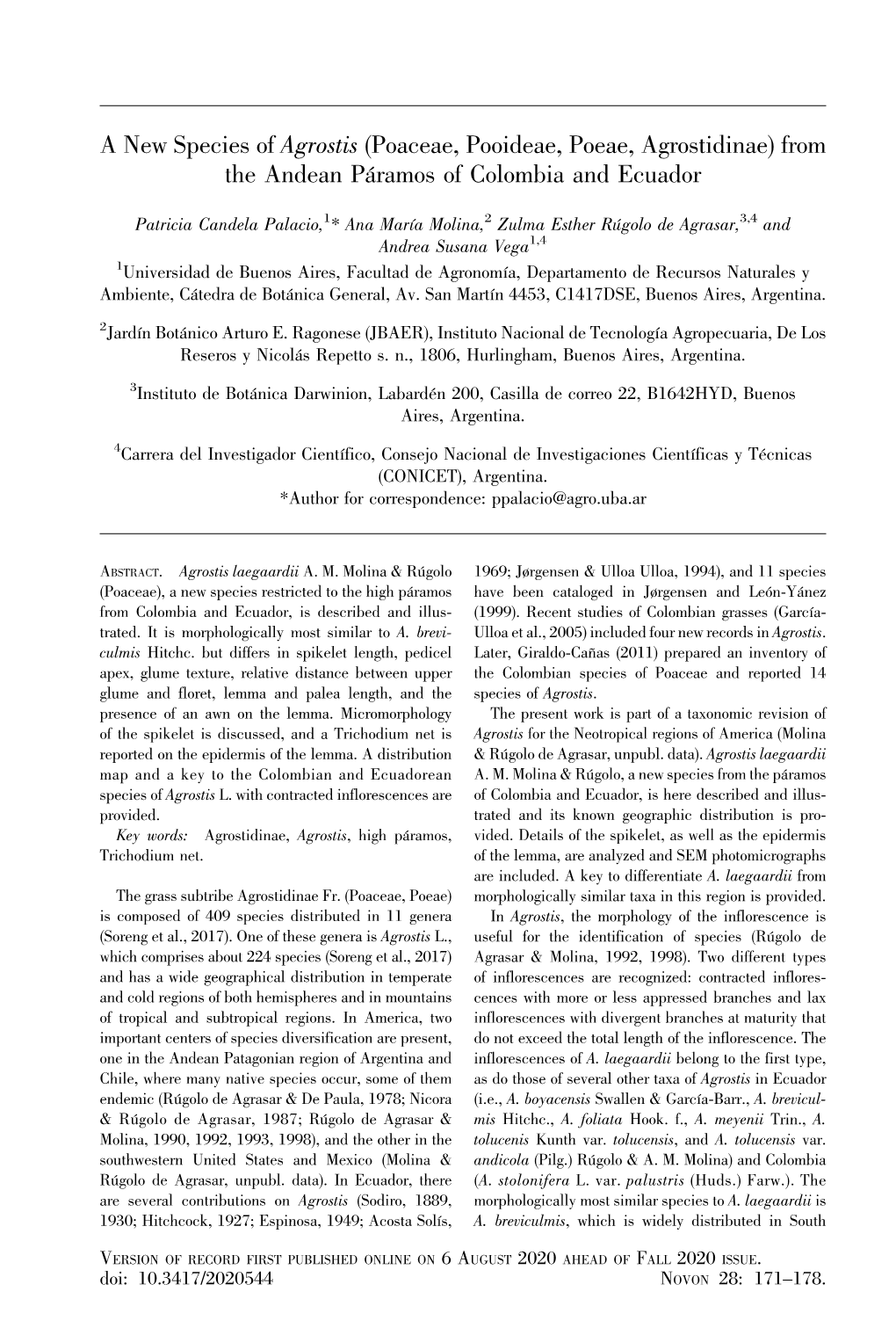 A New Species of Agrostis (Poaceae, Pooideae, Poeae, Agrostidinae) from the Andean P´Aramos of Colombia and Ecuador