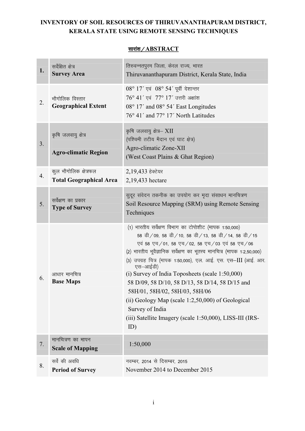 I INVENTORY of SOIL RESOURCES of THIRUVANANTHAPURAM DISTRICT, KERALA STATE USING REMOTE SENSING TECHNIQUES Lkkjka”K@ABSTRACT 1