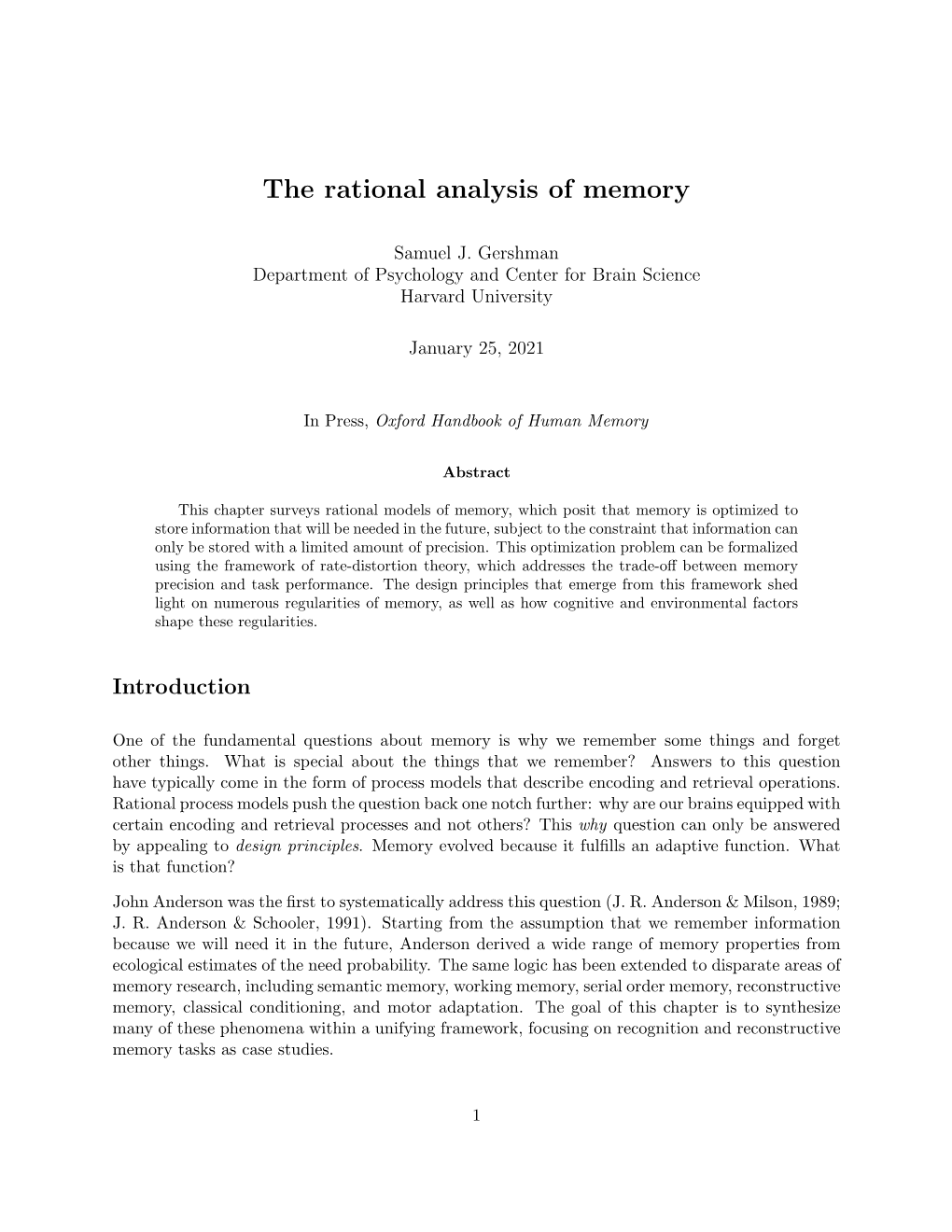 The Rational Analysis of Memory