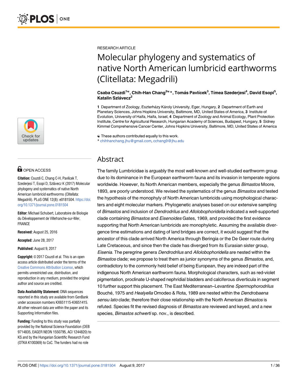 Molecular Phylogeny and Systematics of Native North American Lumbricid Earthworms (Clitellata: Megadrili)