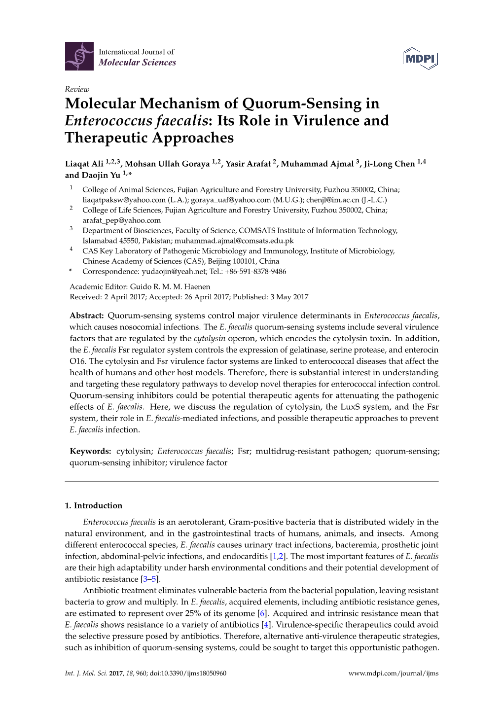 Molecular Mechanism of Quorum-Sensing in Enterococcus Faecalis: Its Role in Virulence and Therapeutic Approaches