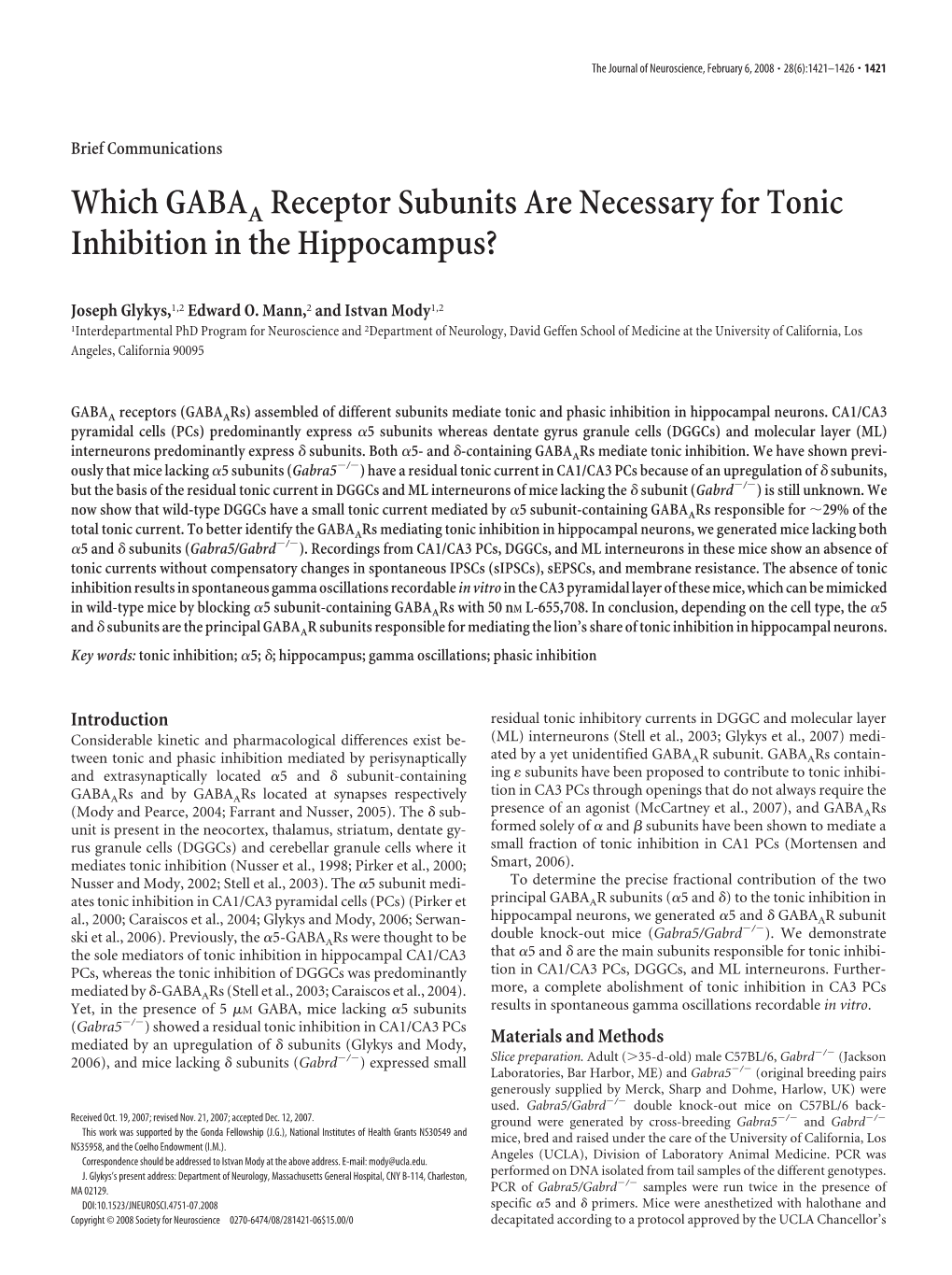 Which GABAA Receptor Subunits Are Necessary for Tonic Inhibition in the Hippocampus?