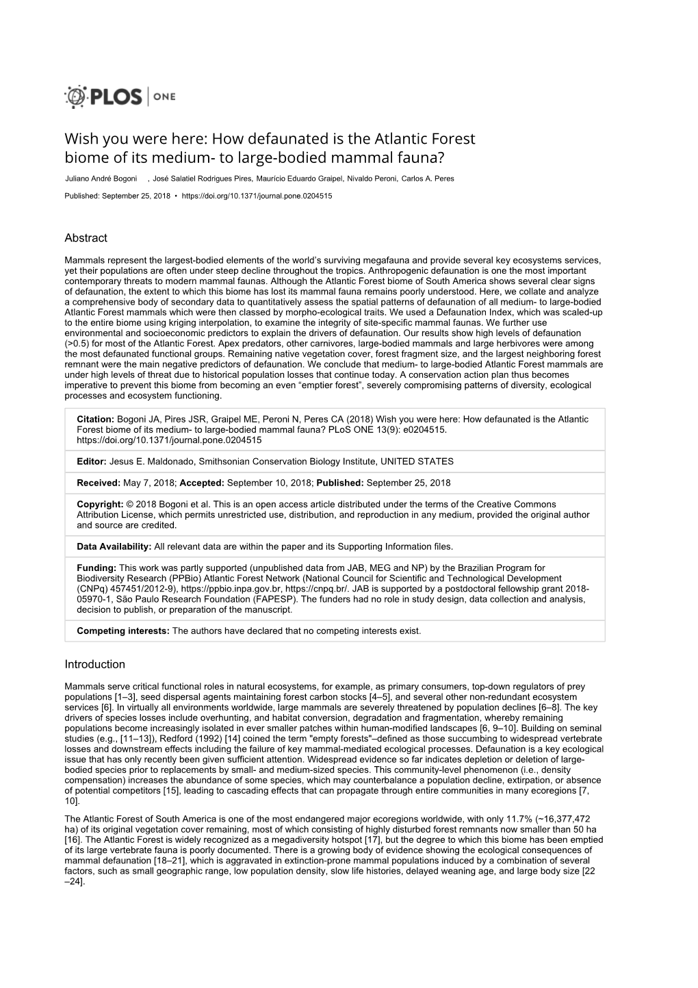 How Defaunated Is the Atlantic Forest Biome of Its Medium- to Large-Bodied Mammal Fauna?