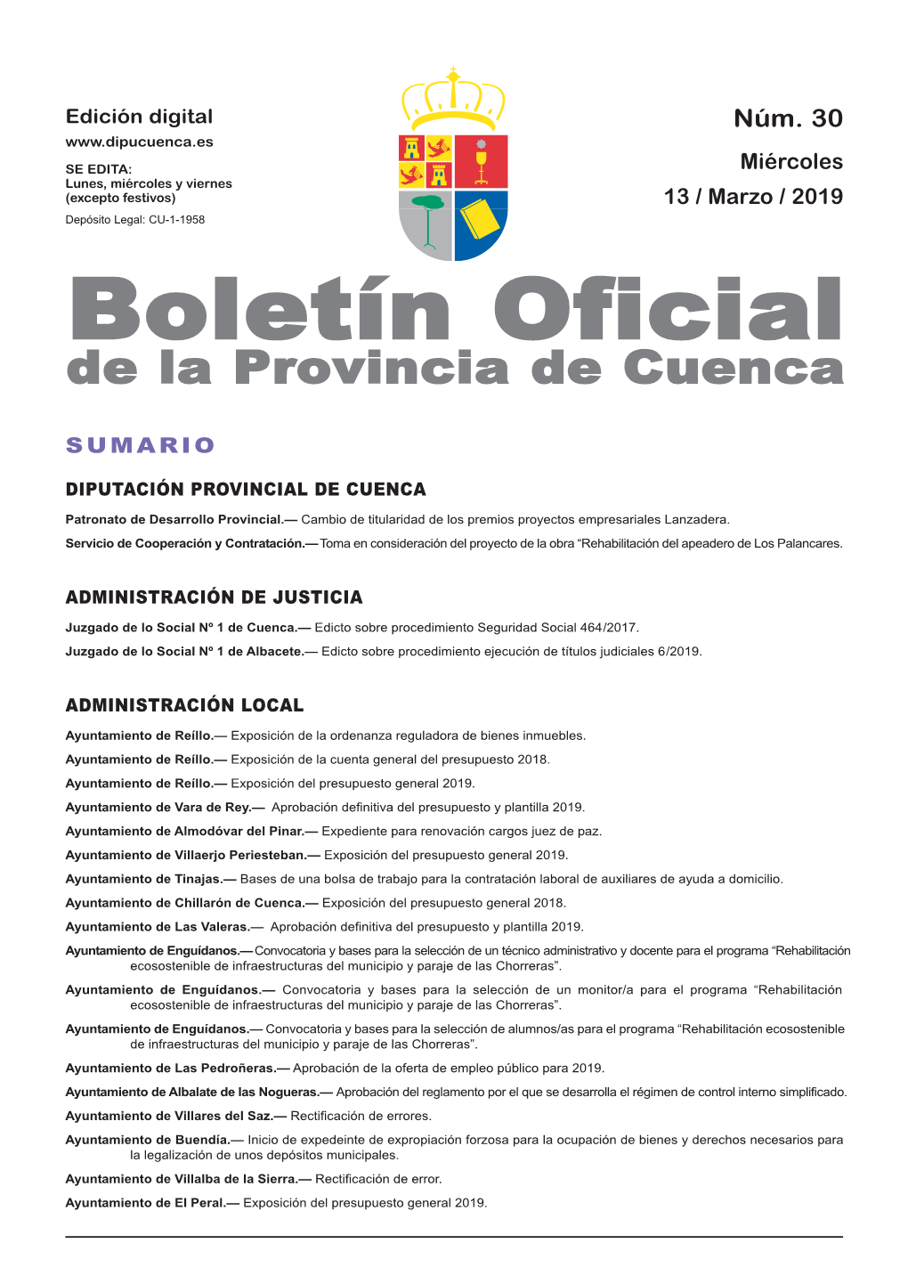 Boletín Oficial De La Provincia De Cuenca Sumario Diputación Provincial De Cuenca