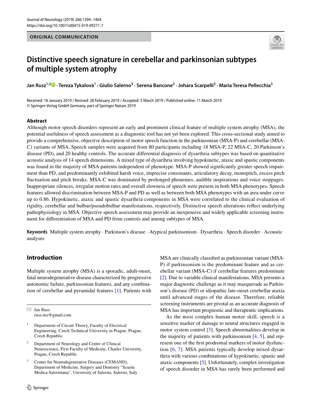 Distinctive Speech Signature in Cerebellar and Parkinsonian Subtypes of Multiple System Atrophy