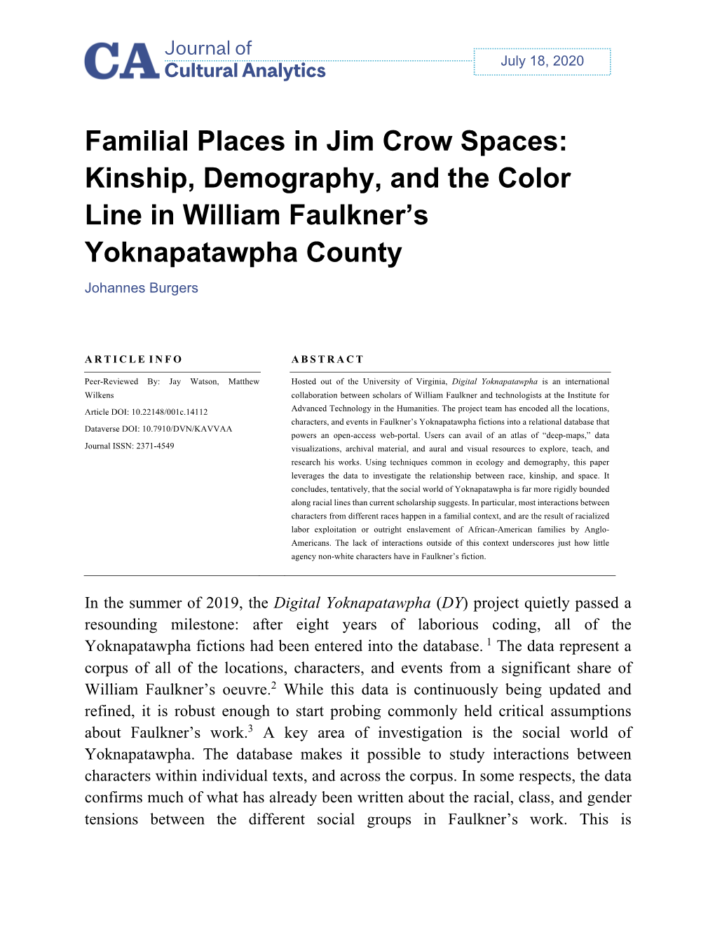 Familial Places in Jim Crow Spaces: Kinship, Demography, and the Color Line in William Faulkner's Yoknapatawpha County