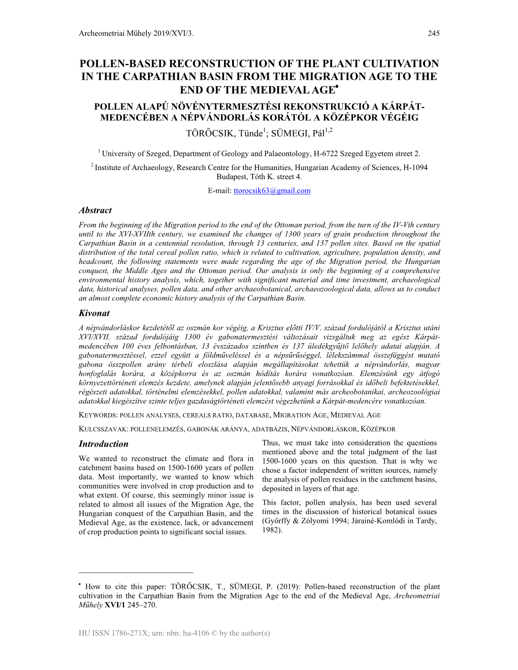 Pollen-Based Reconstruction of the Plant Cultivation in the Carpathian