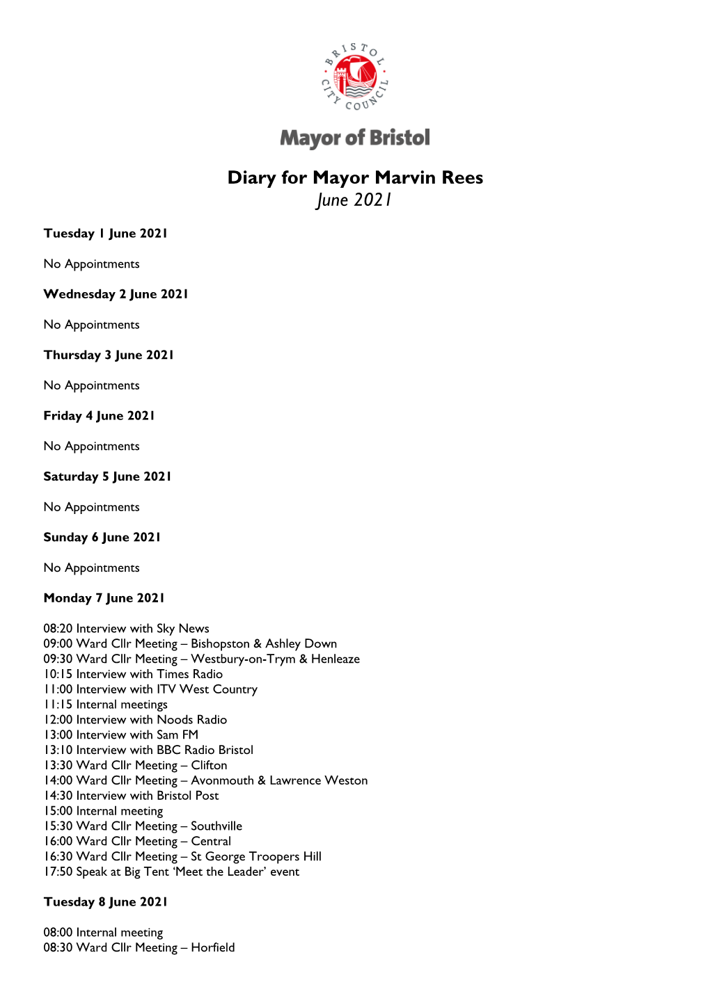 Diary for Mayor Marvin Rees June 2021