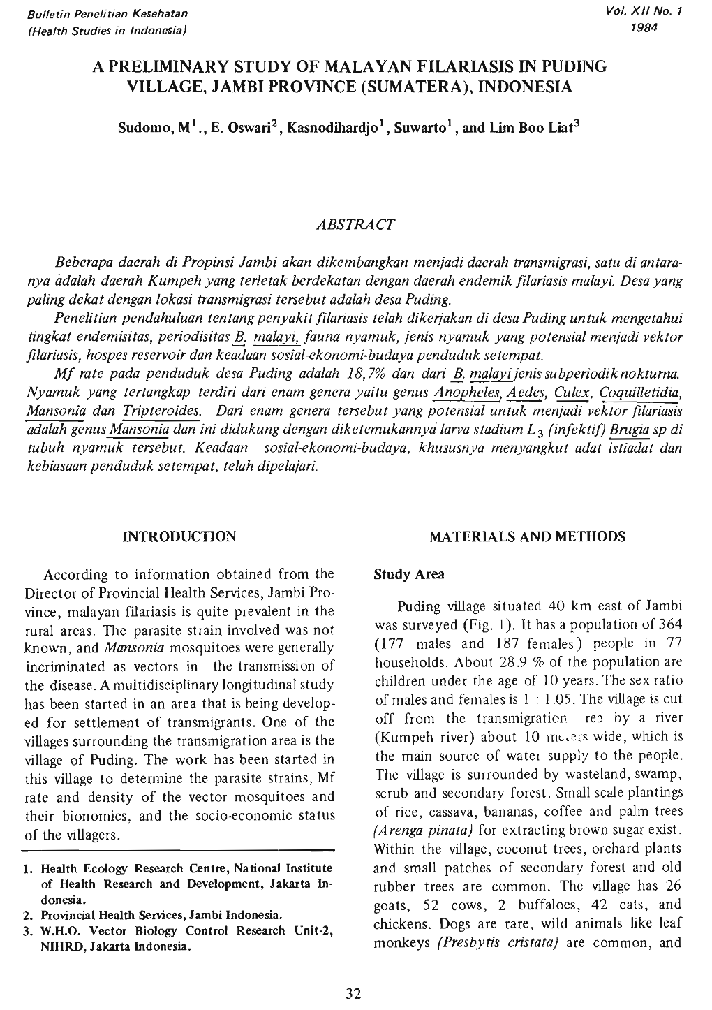 A Preliminary Study of Malayan Filariasis in Puding Village, Jamb1 Province (Sumatera), Indonesia